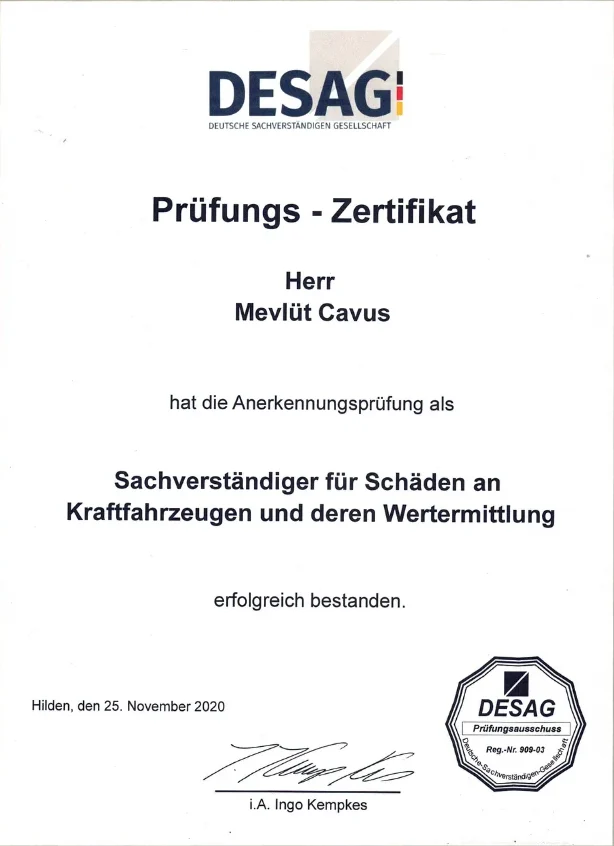 kfz Gutachter - certificate